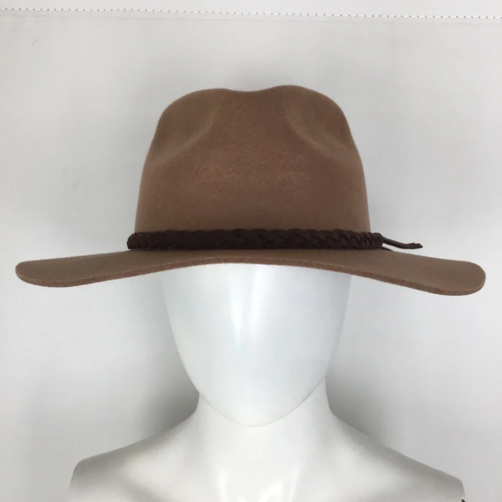 Banana Republic Boho Wool Felt Hat Tan Dark Brown Braided Leather Hat Band